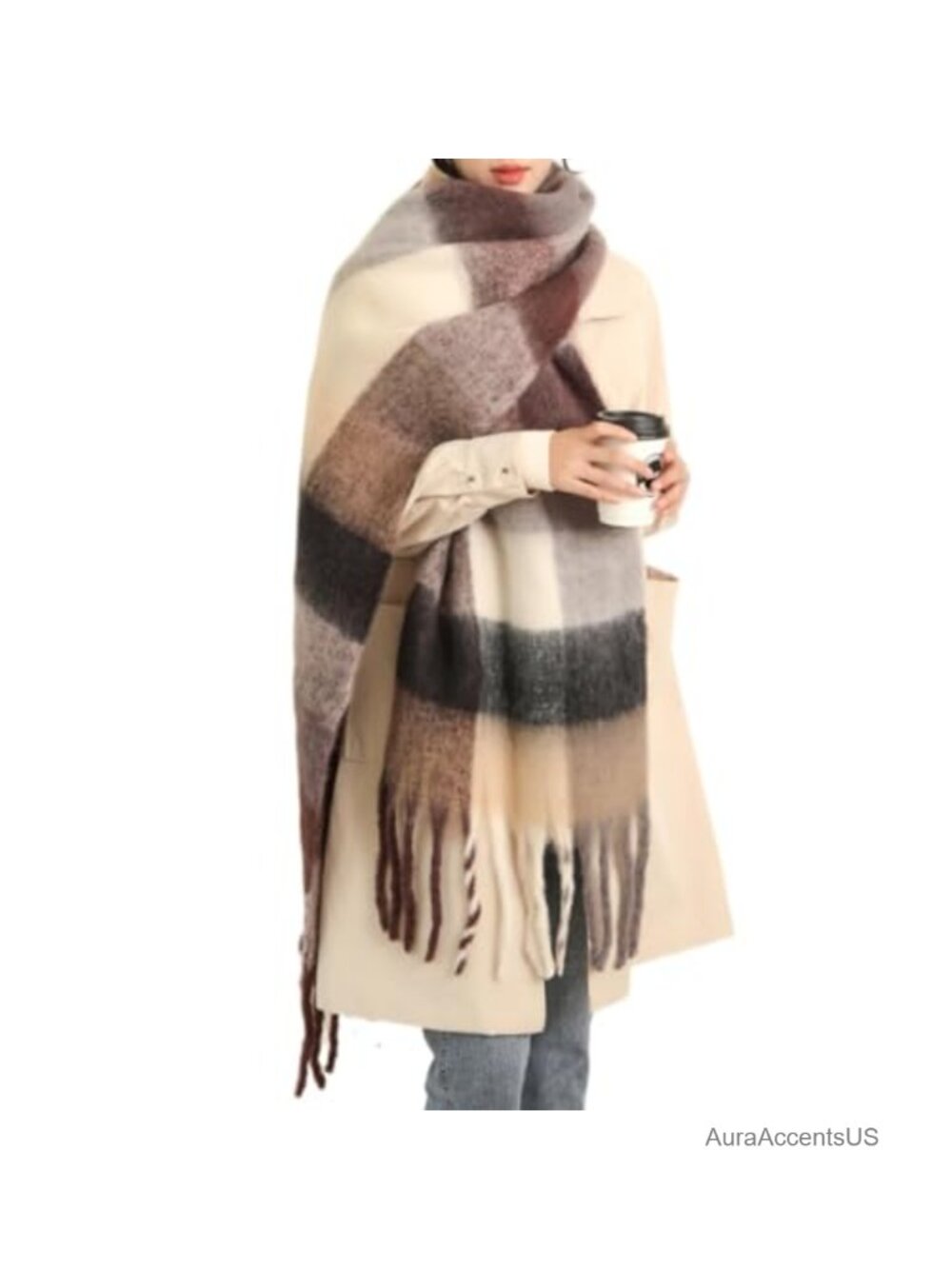 Chunky Knit Plaid Scarf for Women Oversized Winter Wrap Shawl Tassel